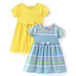 Babyhug Cotton Knit Half Sleeves Solid & Striped Frocks Pack of 2 - Yellow & Blue
