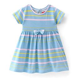 Babyhug Cotton Knit Half Sleeves Solid & Striped Frocks Pack of 2 - Yellow & Blue