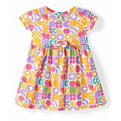 Babyhug Single Jersey Knit Half Sleeves Frock with Apple Print - White