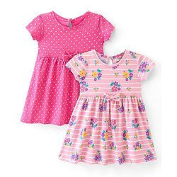 Babyhug Single Jersey Knit Half Sleeves Frock Polka Dot Print Pack of 2 - Multicolor