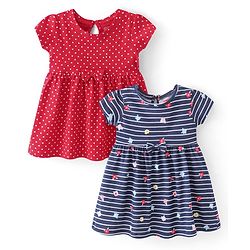 Babyhug Single Jersey Knit Half Sleeves Frock Stripes & Polka Dot Print Pack Of 2 - Red & Blue