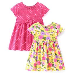 Babyhug Single Jersey Knit Half Sleeves Frocks with Floral Print Bow Applique Pack of 2 - Multicolour