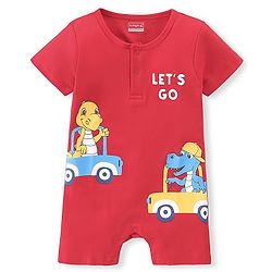 Babyhug 100% Cotton Knit Interlock Half Sleeves Romper With Dino Print - Red