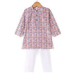 Babyhug 100% Cotton Woven Full Sleeves Kurta & Pyjama Set With Ikat Print - Multicolour