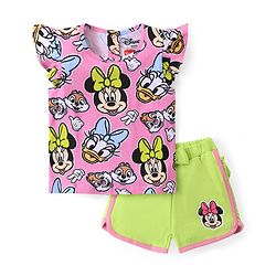 Babyhug Disney Cotton Knit Frill Sleeves T-Shirt & Shorts Set With Minnie Mouse Graphics - Pink & Green