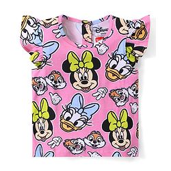 Babyhug Disney Cotton Knit Frill Sleeves T-Shirt & Shorts Set With Minnie Mouse Graphics - Pink & Green