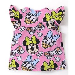 Babyhug Disney Cotton Knit Frill Sleeves T-Shirt & Shorts Set With Minnie Mouse Graphics - Pink & Green