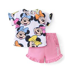 Babyhug Disney Cotton Knit Half Sleeves Frill Detailing T-Shirt Minnie Mouse Print & Shorts - White & Pink