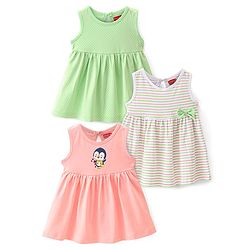 Babyhug 100% Cotton Sleeveless Fit and Flare Dress Penguin Print Pack of 3 - Multicolour