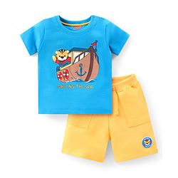 Babyhug Cotton Knit Half Sleeves Bear Printed T-Shirt & Short Set - Blue & Orange