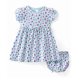 Babyhug Single Jersey Knit Half Sleeves Floral Printed Frock with Bloomer - Blue