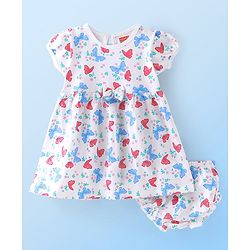 Babyhug Single Jersey Half Sleeves Frock with Bloomer Floral & Butterfly Print - White