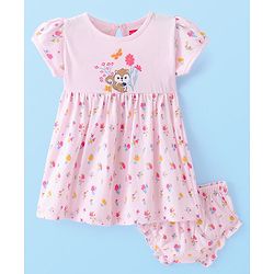 Babyhug Single Jersey Knit Half Sleeves Frock & Bloomer With Squirrel & Floral Print - Pink