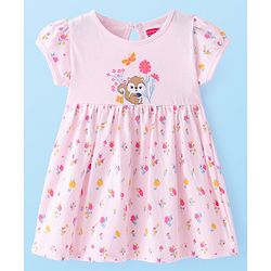 Babyhug Single Jersey Knit Half Sleeves Frock & Bloomer With Squirrel & Floral Print - Pink