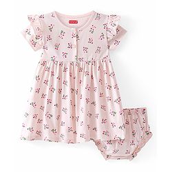 Babyhug Single Jersey Knit Half Sleeves with Frill Detailing Frock with Bloomer Floral Print - Pink