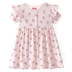 Babyhug Single Jersey Knit Half Sleeves with Frill Detailing Frock with Bloomer Floral Print - Pink