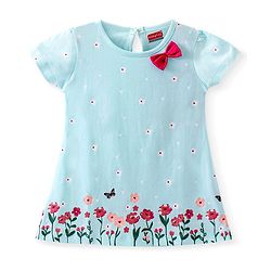 Babyhug Single Jersey Half Sleeves Frock with Bow & Flowers Print - Mint