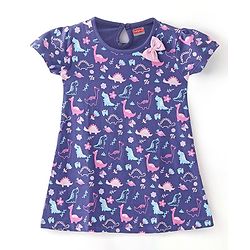 Babyhug Cotton Knit Half Sleeves  Frock Dino Print - Navy Blue