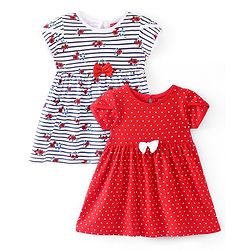 Babyhug Single Jersey Knit Half Sleeves Frocks with Bow Applique Striped Polka Dots & Floral Print Pack of 2 - Multicolour