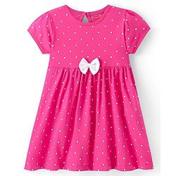 Babyhug Single Jersey Half Sleeves  Frock With Polka Dot Print & Bow Applique- Pink