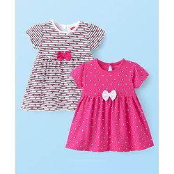 Babyhug Single Jersey Knit Half Sleeves Frocks With Hearts & Polka Dots Print & Bow Pack Of 2 - Pink & White