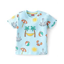 Babyhug Cotton Knit Half Sleeves T-Shirt Beach Print - Light Blue