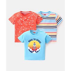 Babyhug  Cotton Knit Half Sleeves  T-Shirts Striped & Rocket Print Pack of 3  - Multicolour