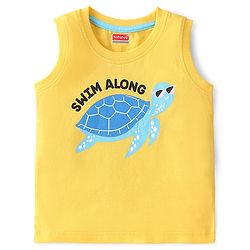 Babyhug Cotton Knit  Sleeveless T-Shirt with Turtle Print - Yellow