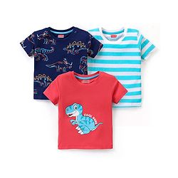 Babyhug Cotton Half Sleeves Striped T-Shirts With Dino Graphics Pack of 3 - Red Navy & Light Blue