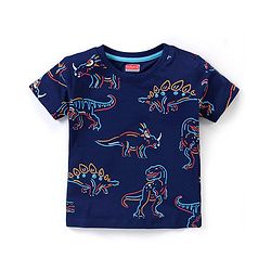 Babyhug Cotton Half Sleeves Striped T-Shirts With Dino Graphics Pack of 3 - Red Navy & Light Blue