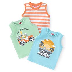 Babyhug 100% Cotton Knit Sleeveless T-Shirt With Striped & Jungle Theme Graphics Pack Of 3 - Orange Green & Blue
