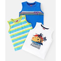 Babyhug 100% Cotton Knit Sleeveless T-Shirt With Striped & Tropical Graphics Pack Of 3 - Green Blue & White