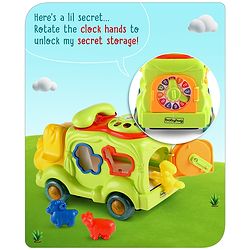Babyhug 6 in 1 Puppy Musical Bump & Go Car with moving Ear & Eyes| Lights & Music| Dial Phone |Animal Shape Sorter For Toddlers and Kids| BIS Certified| Storage| Time Telling| Cause & Effect - Yellow