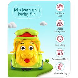 Babyhug 6 in 1 Puppy Musical Bump & Go Car with moving Ear & Eyes| Lights & Music| Dial Phone |Animal Shape Sorter For Toddlers and Kids| BIS Certified| Storage| Time Telling| Cause & Effect - Yellow