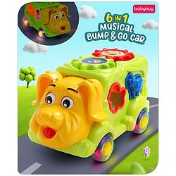 Babyhug 6 in 1 Puppy Musical Bump & Go Car with moving Ear & Eyes| Lights & Music| Dial Phone |Animal Shape Sorter For Toddlers and Kids| BIS Certified| Storage| Time Telling| Cause & Effect - Yellow