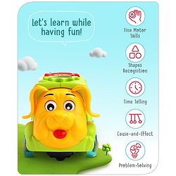 Babyhug 6 in 1 Puppy Musical Bump & Go Car with moving Ear & Eyes| Lights & Music| Dial Phone |Animal Shape Sorter For Toddlers and Kids| BIS Certified| Storage| Time Telling| Cause & Effect - Yellow