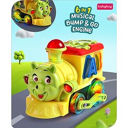 Babyhug 6 in 1 Teddy Shaped Bump & Go Loco Engine with Gears & Shape Sorter For Toddlers and Kids|BIS Aprroved| Moving Eye & Tongue| Light & Music| Numbers & Alphabets| Storage| Time Telling- Yellow