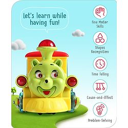 Babyhug 6 in 1 Teddy Shaped Bump & Go Loco Engine with Gears & Shape Sorter For Toddlers and Kids|BIS Aprroved| Moving Eye & Tongue| Light & Music| Numbers & Alphabets| Storage| Time Telling- Yellow
