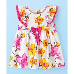 Babyhug Rayon Knit Frill Sleeves Floral Printed with Bow Applique Frock  - White