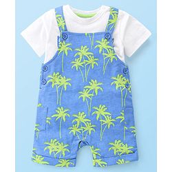 Babyhug 100% Cotton Knit Dungaree & Half Sleeves T-Shirt Set With Text & Tropical Print - Blue & White