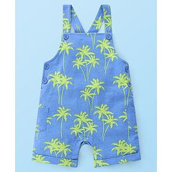 Babyhug 100% Cotton Knit Dungaree & Half Sleeves T-Shirt Set With Text & Tropical Print - Blue & White