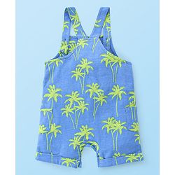 Babyhug 100% Cotton Knit Dungaree & Half Sleeves T-Shirt Set With Text & Tropical Print - Blue & White