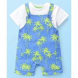 Babyhug 100% Cotton Knit Dungaree & Half Sleeves T-Shirt Set With Text & Tropical Print - Blue & White