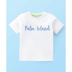 Babyhug 100% Cotton Knit Dungaree & Half Sleeves T-Shirt Set With Text & Tropical Print - Blue & White
