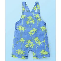 Babyhug 100% Cotton Knit Dungaree & Half Sleeves T-Shirt Set With Text & Tropical Print - Blue & White