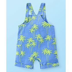 Babyhug 100% Cotton Knit Dungaree & Half Sleeves T-Shirt Set With Text & Tropical Print - Blue & White