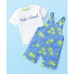 Babyhug 100% Cotton Knit Dungaree & Half Sleeves T-Shirt Set With Text & Tropical Print - Blue & White
