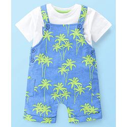 Babyhug 100% Cotton Knit Dungaree & Half Sleeves T-Shirt Set With Text & Tropical Print - Blue & White