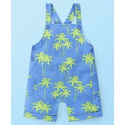 Babyhug 100% Cotton Knit Dungaree & Half Sleeves T-Shirt Set With Text & Tropical Print - Blue & White