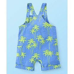 Babyhug 100% Cotton Knit Dungaree & Half Sleeves T-Shirt Set With Text & Tropical Print - Blue & White